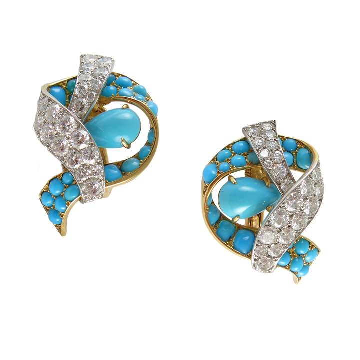 Pair of turquoise and diamond ribbon scroll earrings